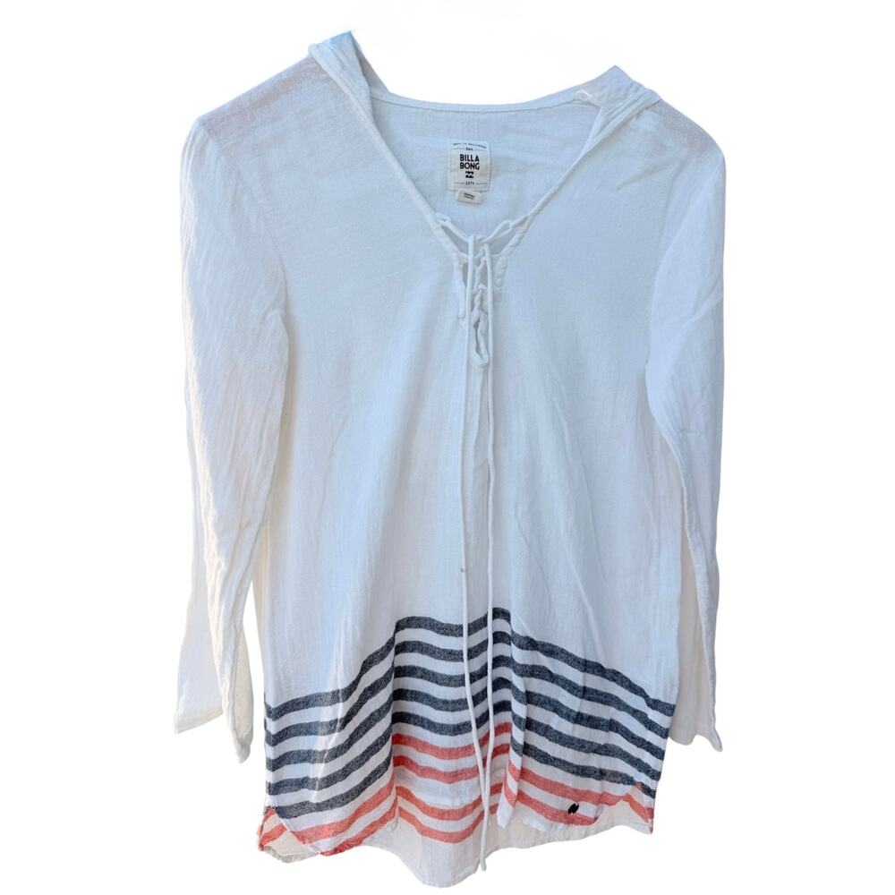 Billabong Hooded Lace Up Top Womens Large White Striped Lightweight Hoodie